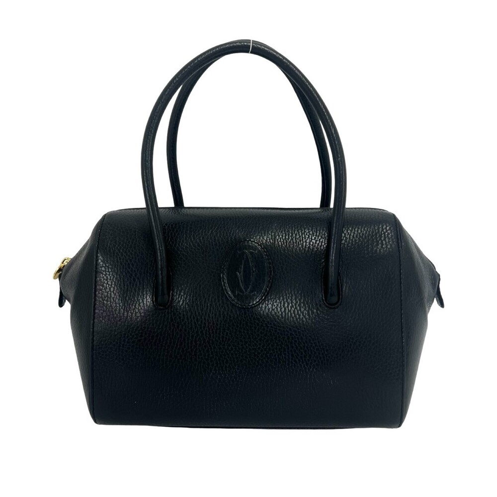 CARTIER Vintage Must Line Logo Leather Handbag Mini Boston Bag Black 39823